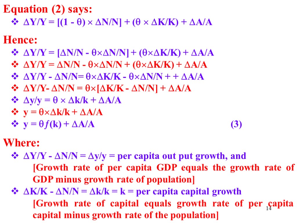 14 Equation (2) says: Y/Y = [(1 - )  N/N] + ( 